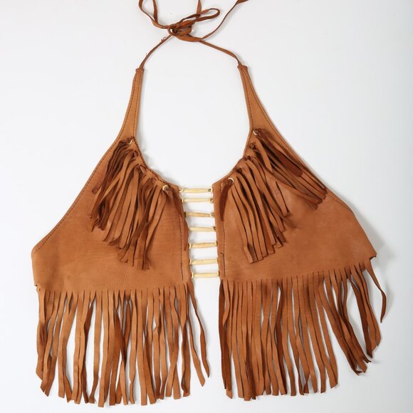 Artisan Handmade Leather Halter Top with Fringe & Beads Stagecoach Biker Rock - Picture 5 of 5
